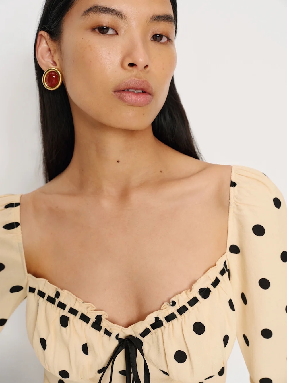 Reformation Beige Polka Dot Tie-Front Long Sleeve Top - Picture 2 of 4